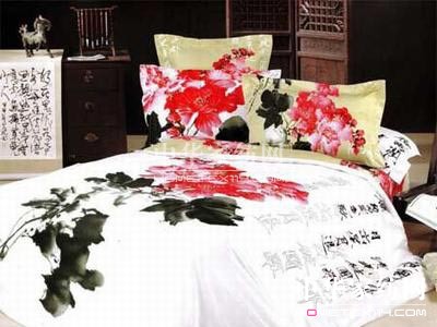 驚艷中式風格臥室國畫紅花床品